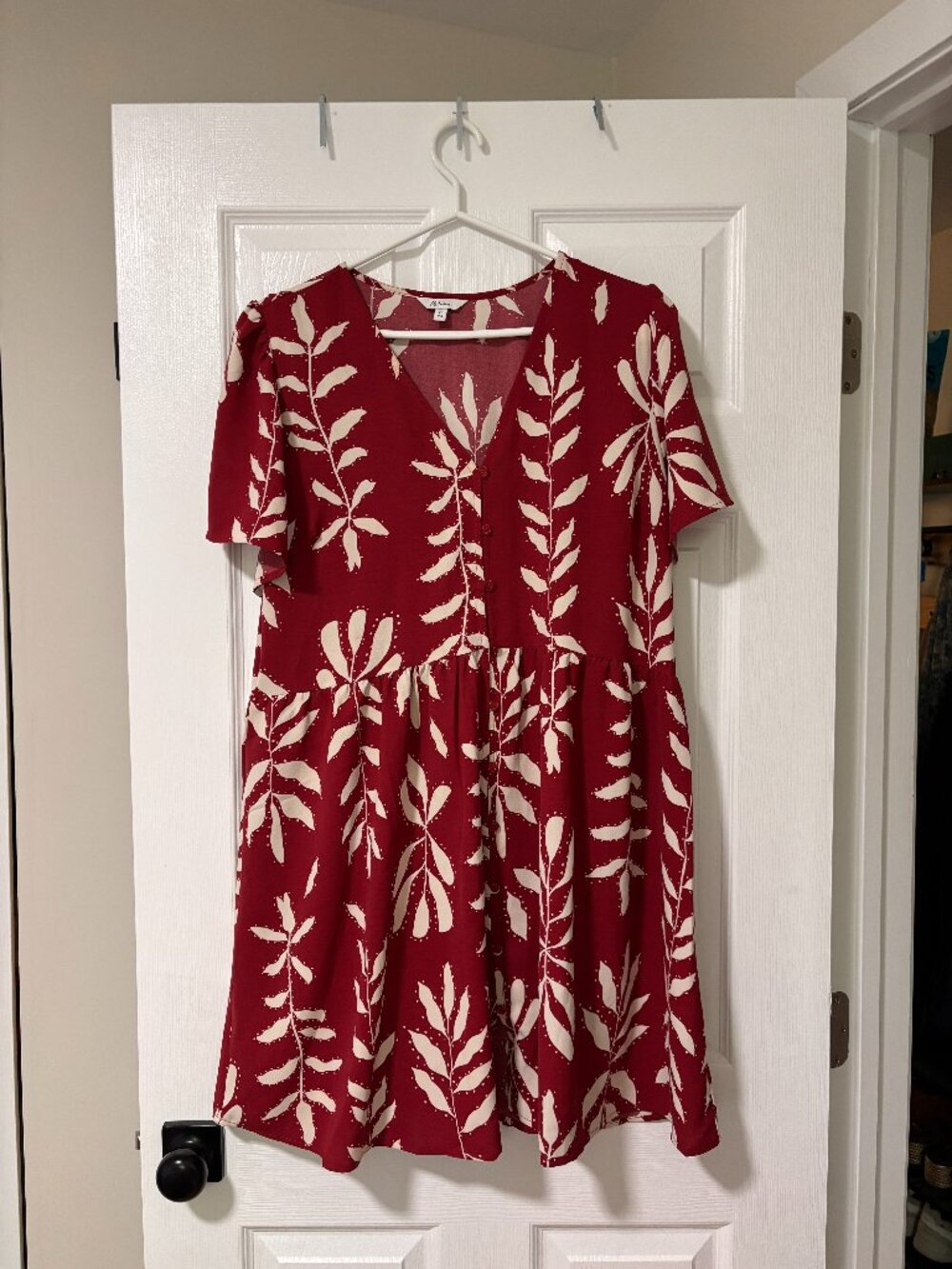 Red & Cream Botanical Print Babydoll Midi Dress (XL)